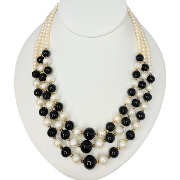 VTG White Pearl & Onyx Multi Strand Necklace 18" Gold Over 925 Sterling Silver - Picture 1 of 12
